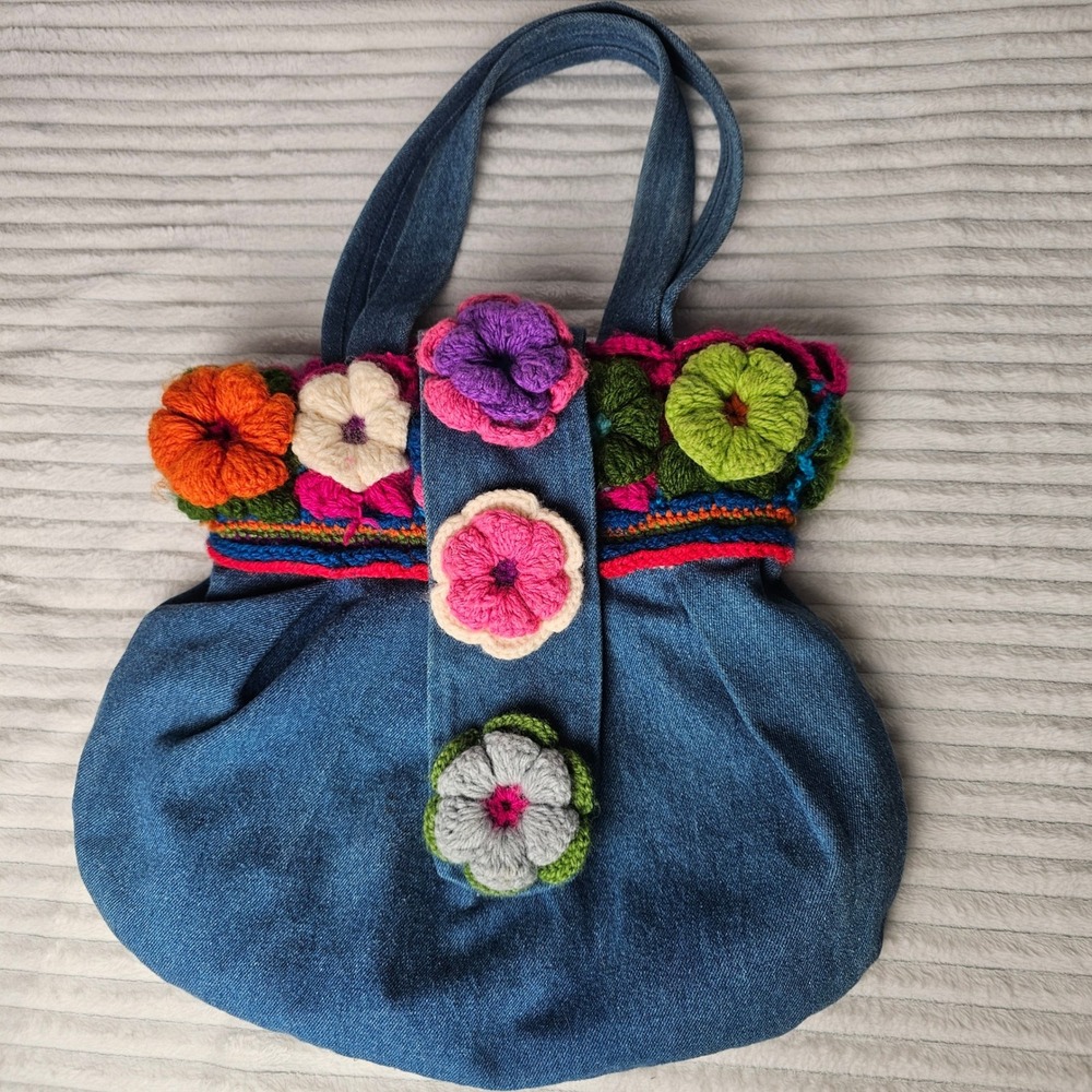 Handmade Womens Floral Crochet Denim Tote Bag Large Blue Boho Cottagecore Hippie